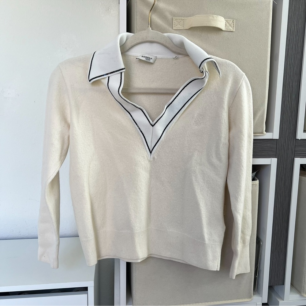 Sandro Alizia V Neck Collared Wool & Cashmere Sweater in Cream and White - Picture 4 of 10